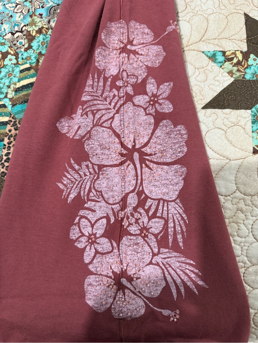 PINK Victoria's Secret Cotton Foldover Flare Leggings clay floral diamante L - Picture 3 of 10